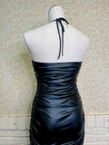 Ruched Black Halter Leather Dress