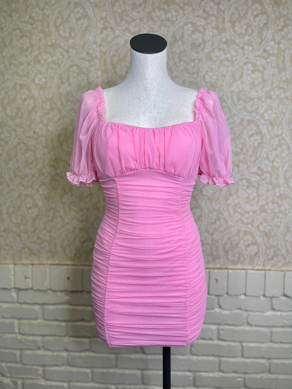 Pink Square Neck Bubble Sleeve Dress