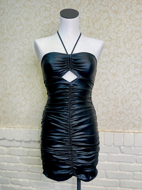 Ruched Black Halter Leather Dress