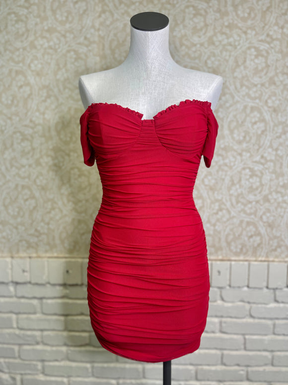 Red Ruched Off The Shoulder Dress