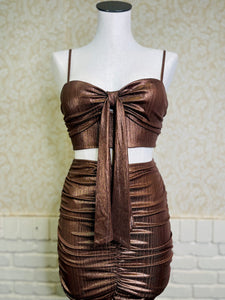 Brown Shiny 2-Piece Set with ruched sides