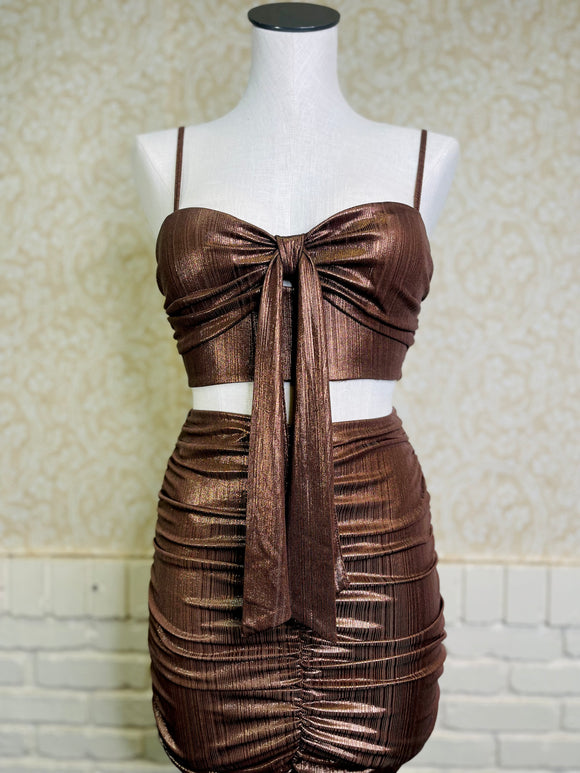 Brown Shiny 2-Piece Set with ruched sides