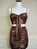 Brown Shiny 2-Piece Set with ruched sides