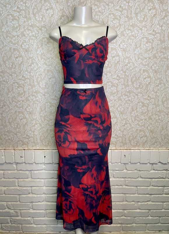 Black/Red Mesh Print Top and Maxi Skirt Set