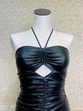Ruched Black Halter Leather Dress