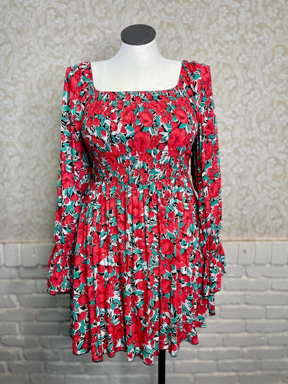 Red Floral Long Sleeve Dress